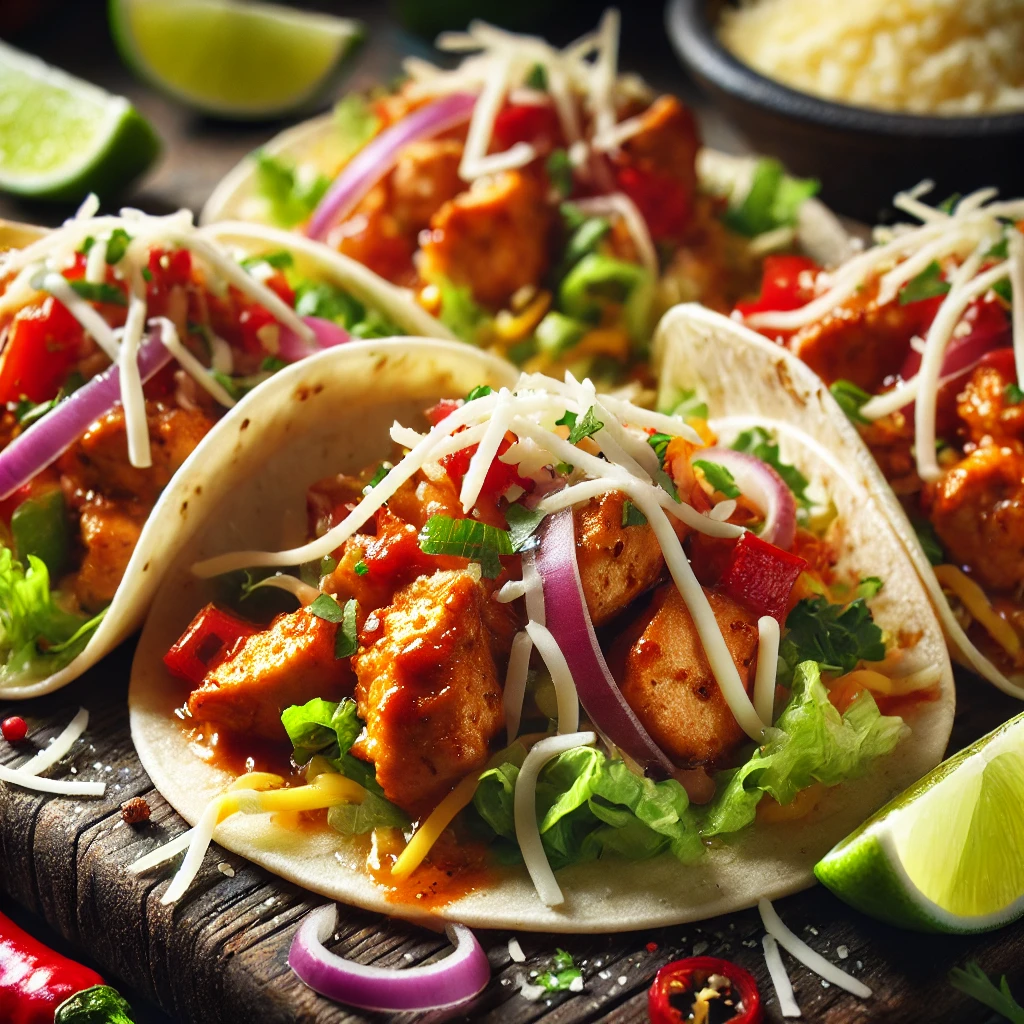 Tacos de Poulet Épicé 2 DALL·E 2024 10 02 08.20.06 Close up of delicious chicken tacos filled with spicy marinated chicken fresh vegetables like lettuce red onions and bell peppers topped with shr