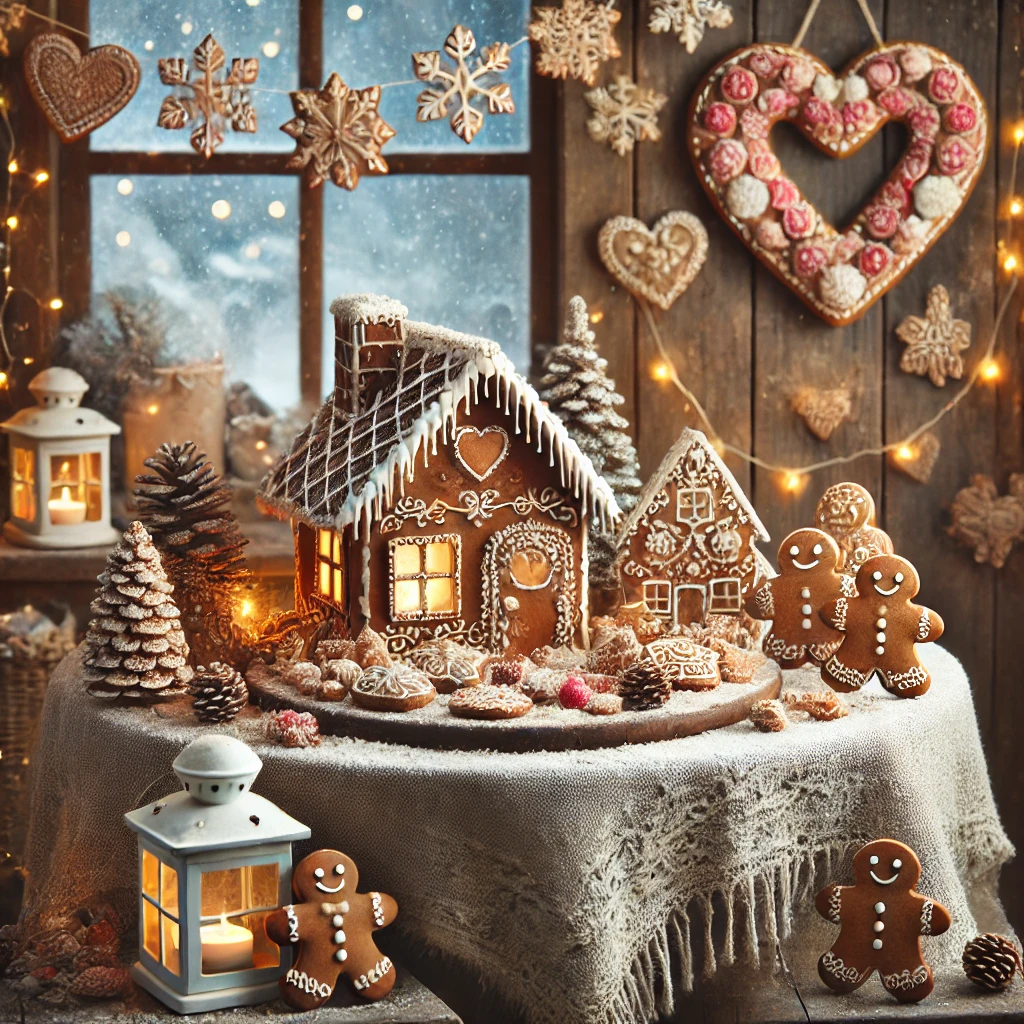 Les Douceurs de Saint-Nicolas 2 DALL·E 2024 11 09 18.04.51 A square image of a cozy winter scene featuring a traditional gingerbread display. A rustic table with decorated gingerbread men houses and hearts