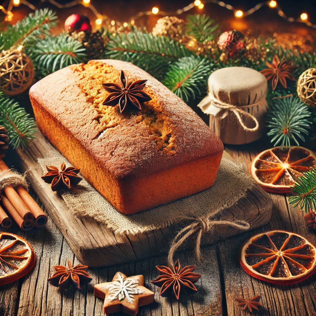 Calendrier de l'Avent Culinaire 1er décembre 2 DALL·E 2024 12 01 12.36.01 A cozy and festive image for a blog featuring a traditional French gingerbread pain depices on a rustic wooden table. The gingerbread loaf is surro