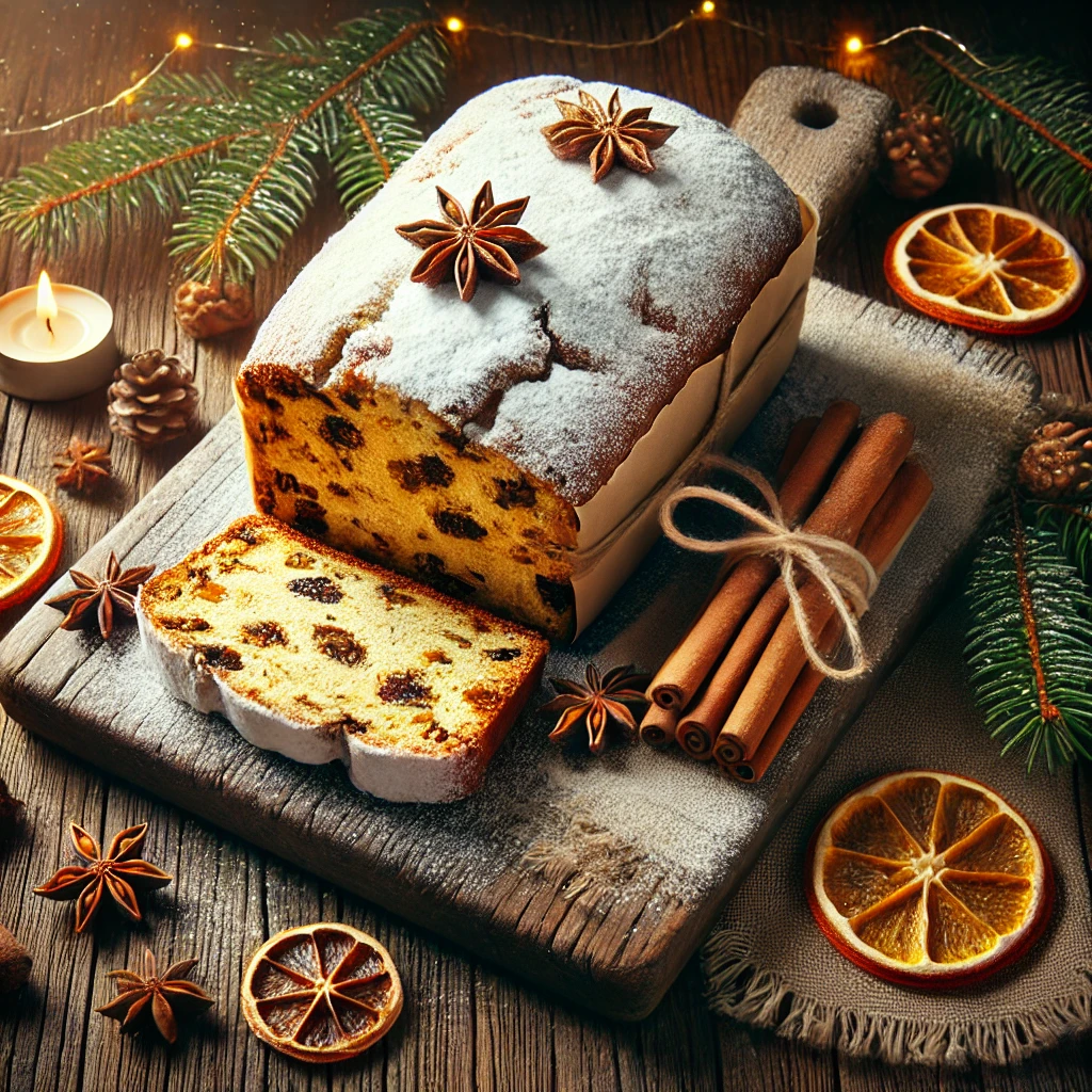 Calendrier de l’Avent Culinaire 2 décembre 2 DALL·E 2024 12 01 13.36.19 A festive square image featuring a traditional German Christstollen loaf on a rustic wooden table. The loaf is dusted generously with powdered sugar