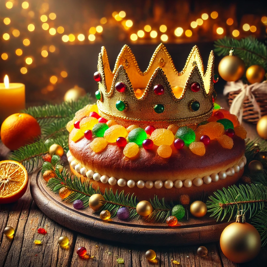 DALL·E 2024 12 02 18.24.43 A festive image of a traditional Spanish Roscon de Reyes Gateau des Rois displayed on a rustic wooden table. The crown shaped cake is topped with co