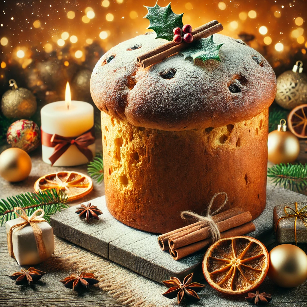 DALL·E 2024 12 03 22.04.58 A festive image of a traditional Italian Panettone on a rustic wooden table. The tall golden brown brioche is beautifully garnished with powdered sug