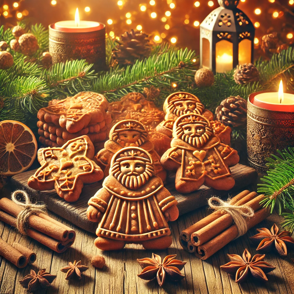 Calendrier de l’Avent Culinaire 6 décembre 4 DALL·E 2024 12 07 12.41.48 A festive image of traditional Belgian speculoos cookies arranged on a rustic wooden table. The cookies are shaped like Saint Nicolas figures and deco