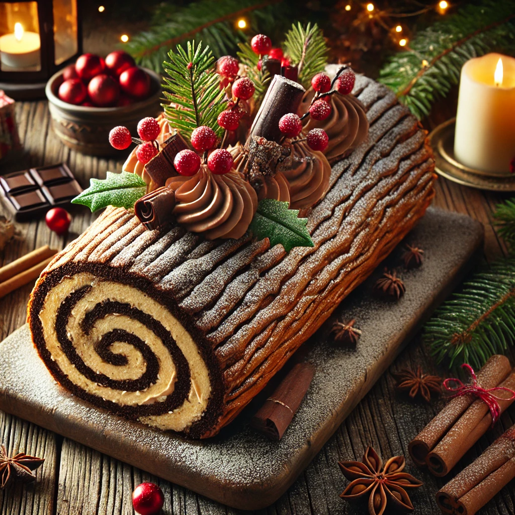 Calendrier de l’Avent Culinaire 7 décembre 2 DALL·E 2024 12 07 12.55.29 A festive image of a traditional French Yule log Buche de Noel on a rustic wooden table. The log is decorated with a chocolate cream frosting shaped