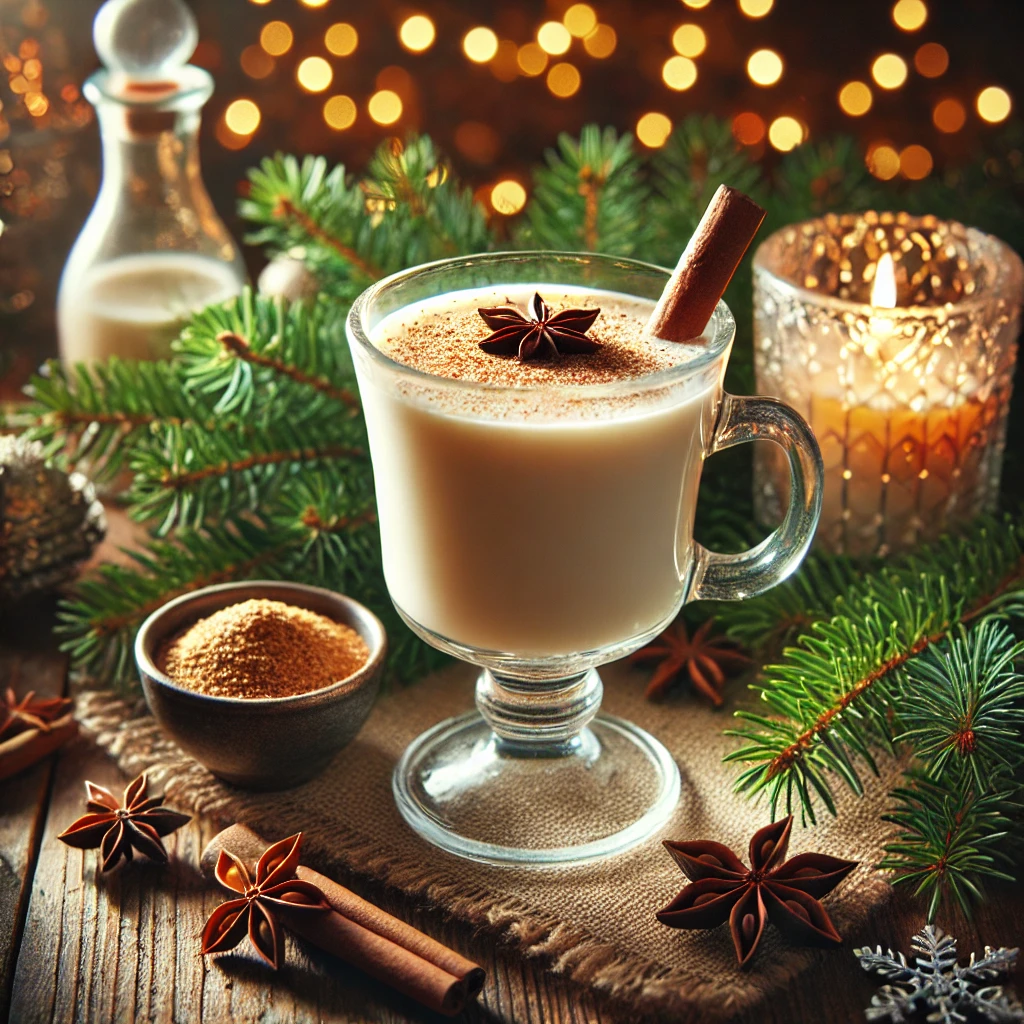 Calendrier de l’Avent Culinaire 8 décembre 2 DALL·E 2024 12 07 15.02.43 A festive image of traditional American Eggnog Lait de Poule served in a glass cup garnished with a sprinkle of nutmeg on top. The setting is cozy