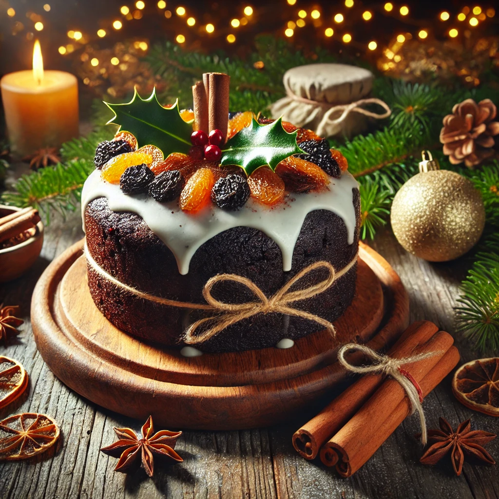 Calendrier de l’Avent Culinaire 10 décembre 2 DALL·E 2024 12 10 14.11.21 A festive image of a traditional Jamaican Christmas Cake Black Cake on a rustic wooden table. The dense rich cake is adorned with a light glaze and