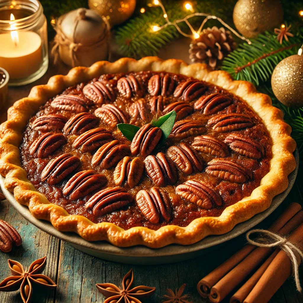 DALL·E 2024 12 12 11.07.07 A festive image of a traditional American Pecan Pie on a rustic wooden table. The pie has a golden flaky crust and is filled with a glossy rich peca