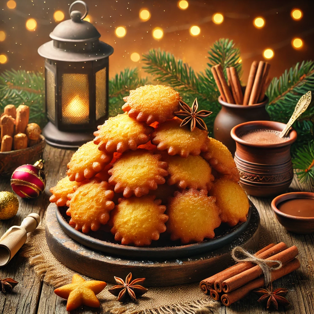 Calendrier de l’Avent Culinaire 12 décembre 4 DALL·E 2024 12 12 11.28.33 A festive image of traditional Colombian Bunuelos arranged on a rustic wooden table. The golden crispy cheese fritters are piled on a plate surround