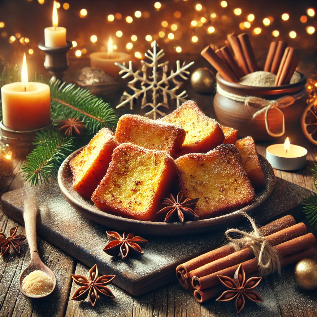 DALL·E 2024 12 14 12.00.31 A festive image of traditional Brazilian Rabanadas Christmas French toast on a rustic wooden table. The golden crispy slices are beautifully arrang