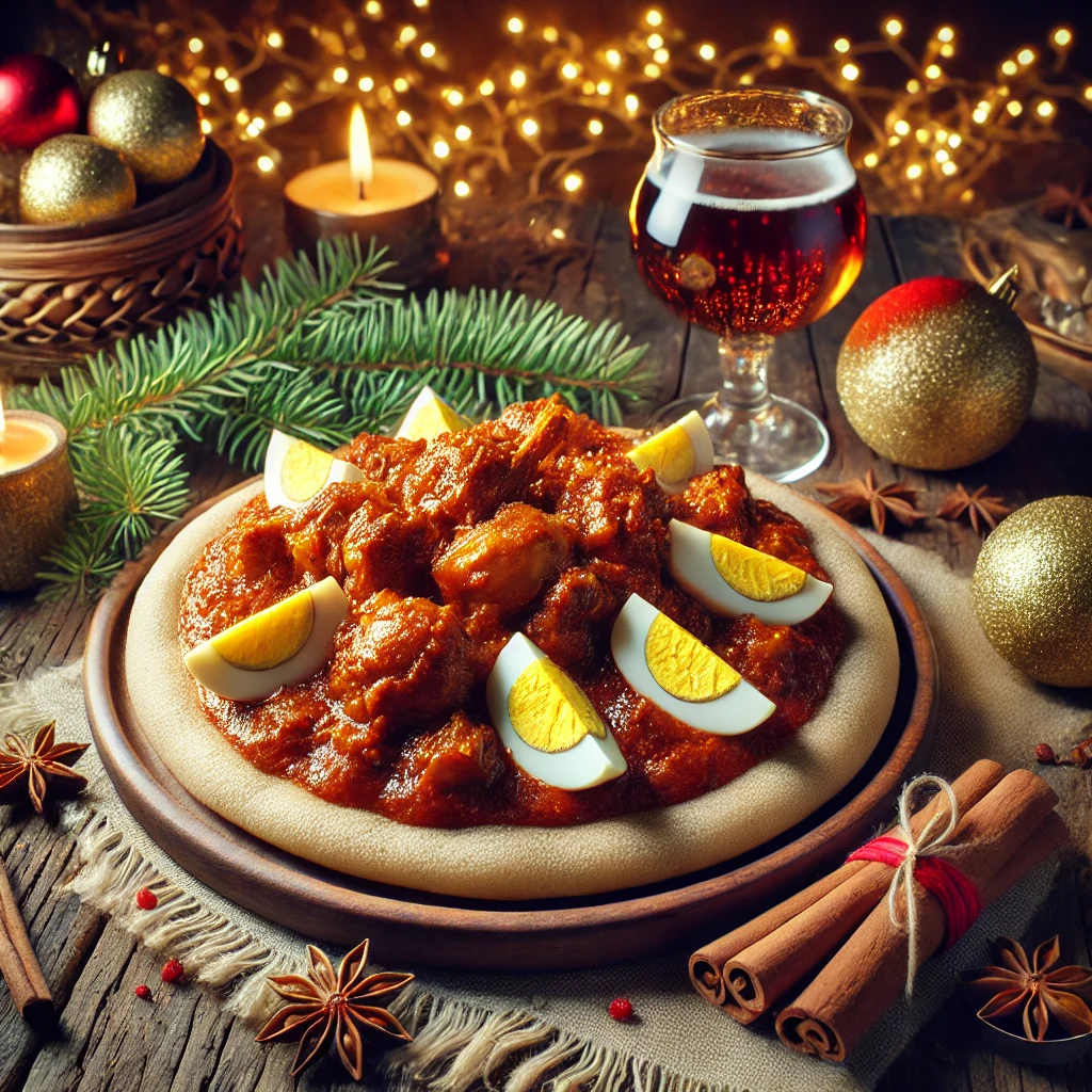 DALL·E 2024 12 14 23.03.26 A festive image of traditional Ethiopian Doro Wat served with Injera on a rustic wooden table. The Doro Wat is a rich spicy chicken stew garnished wi
