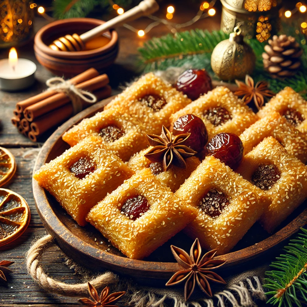 DALL·E 2024 12 17 12.32.36 A festive image of traditional Maghrebi Makroud pastries arranged on a rustic wooden table. The golden diamond shaped semolina pastries are filled wi