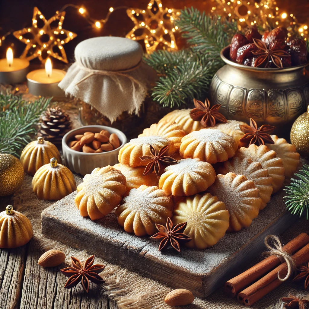 Calendrier de l’Avent Culinaire 17 décembre 2 DALL·E 2024 12 17 12.57.20 A festive image of traditional Lebanese Maamoul cookies arranged on a rustic wooden table. The golden intricately shaped cookies are dusted with powd