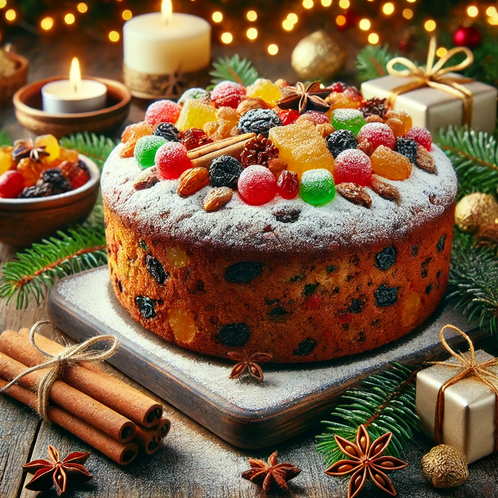 DALL·E 2024 12 19 16.14.36 A festive image of a traditional Nigerian fruitcake arranged on a rustic wooden table. The dense and moist cake is filled with colorful candied fruits