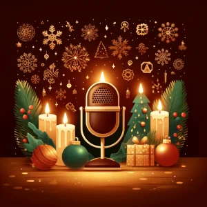 DALL·E 2024 12 23 23.49.07 A warm and festive podcast cover art featuring a cozy Christmas theme for a radio show. The design includes glowing candles a decorated Christmas tre